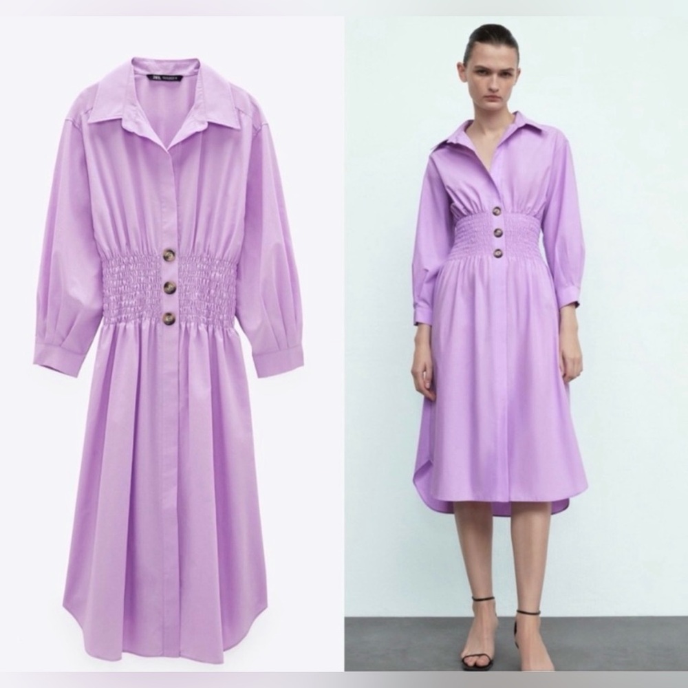 Zara Lilac Purple Shirred Smocked Elastic Waist Midi Long Sleeve Shirt Dress